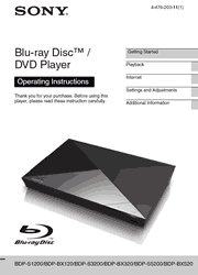 The cover of Sony BDP-S1200, BX120, S3200, BX320, S5200, BX520 Blu-ray Disc Player Operating Instructions