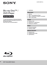 The cover of Sony BDP-S6200, BX620 Blu-ray Disc Player Simple Manual