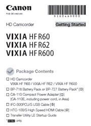 The cover of Canon VIXIA HF R60, HF R62, HF R600 Camcorder Getting Started