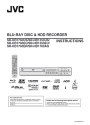 The cover of JVC SR-HD1700US, SR-HD1350US, SR-HD1700EU, SR-HD1350EU, SR-HD1700ER, SR-HD1700AG Blu-ray Disc HDD Recorder Instructions