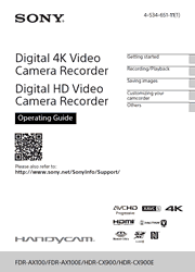 The cover of Sony FDR-AX100, FDR-AX100E, HDR-CX900, HDR-CX900E Camcorder Operating Guide