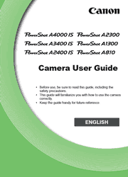 The cover of Canon PowerShot A4000 IS, A3400 IS, A2400 IS, A2300, A1300, A810 Digital Cameras User Guide