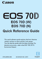 The cover of Canon EOS 70D (W/N) Digital Cameras Quick Reference Guide